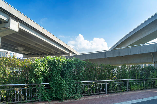 Concrete structure and asphalt road space under the overpass in the city