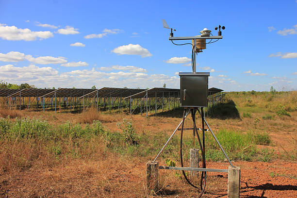 istock Natural warning system at solar power plant on blue sky, bridge warning signs.wind speed and direction 2219009793