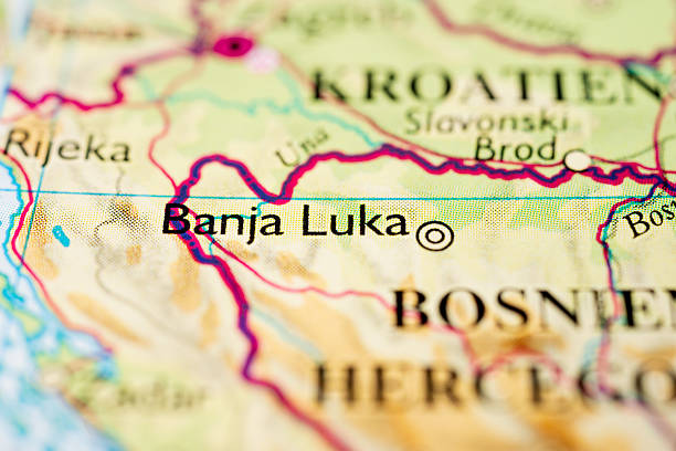 istock Macro view of Banja Luka on Balkan map.. 2219011231
