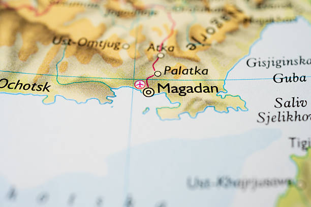 istock Map view centered on coastal city Magadan Russia.. 2219011233
