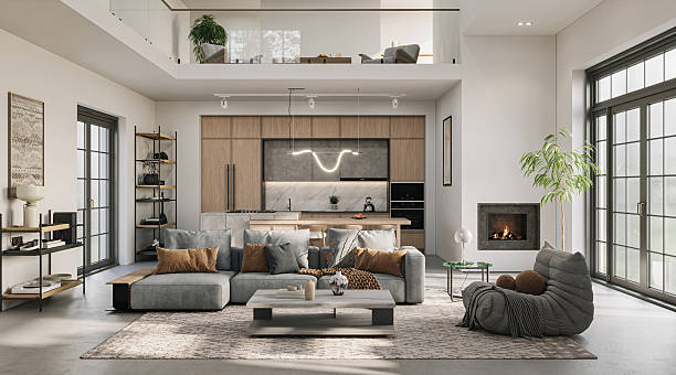 istock Modern open-plan living room with natural tones, wood finishes, and soft textures. Featuring a cozy modular sofa, minimalist fireplace, and large windows overlooking a green landscape, 3d render 2219012553