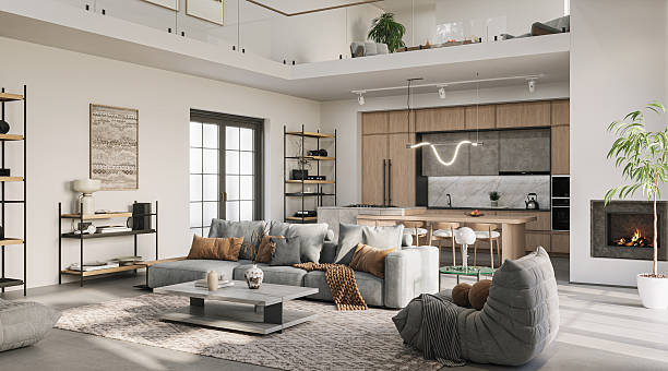 istock Modern open-plan living room with natural tones, wood finishes, and soft textures. Featuring a cozy modular sofa, minimalist fireplace, and large windows overlooking a green landscape, 3d render 2219012554