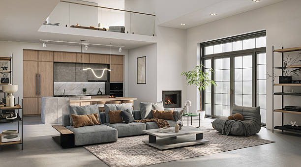 istock Modern open-plan living room with natural tones, wood finishes, and soft textures. Featuring a cozy modular sofa, minimalist fireplace, and large windows overlooking a green landscape, 3d render 2219012555