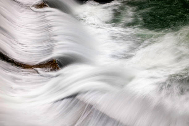 Long exposure of rushing water flowing over rocks in a river, creating smooth, silky motion and natural patterns in a dynamic and serene landscape, natural abstraction