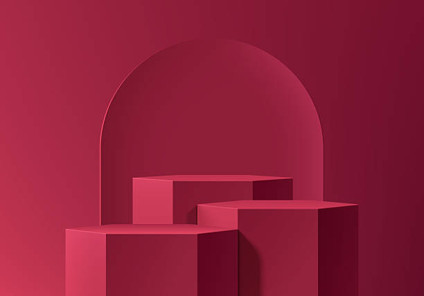 istock Dark red 3D hexagon podium with arch frame backdrop scene. Minimalist mockup pedestal, Abstract cosmetic stand product display presentation, Stage for showcase. Platforms vector design. Studio room. 2219015057