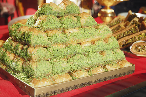 istock Delicious baklava pyramid displayed at festive celebration table 2219017136