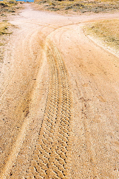 Tire tracks and footprints in the sand