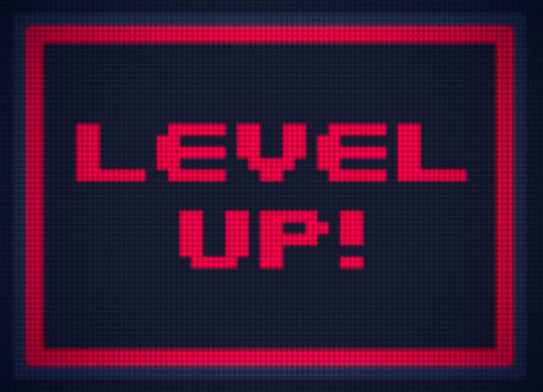 Level up winner retro video game arcade screen with scan lines.