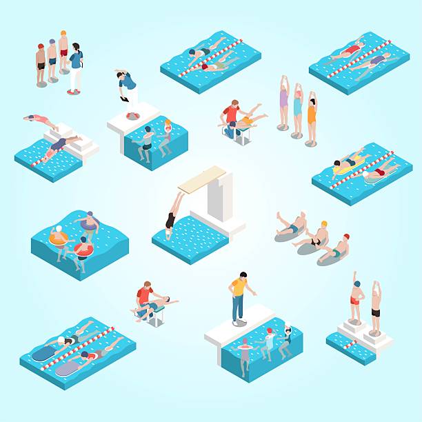 istock Kids swimming school isometric set of children doing preparation exercises diving workout backstroke swimming with rings and kickboard isolated vector illustration 2219043856