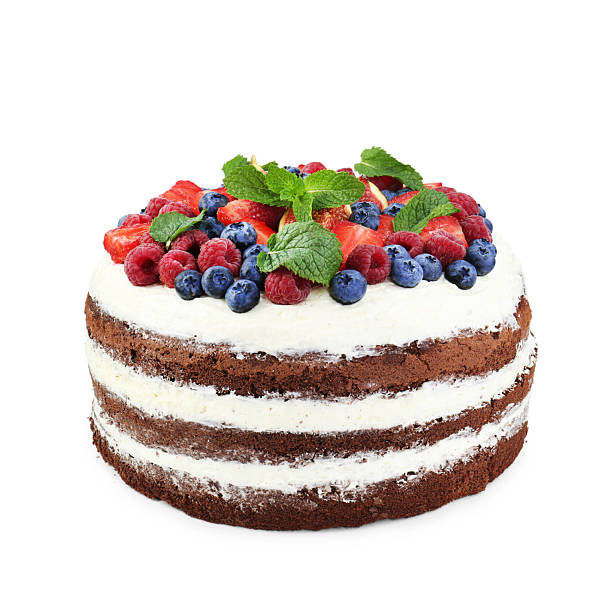 istock Delicious chocolate sponge cake with berries isolated white 2219048681
