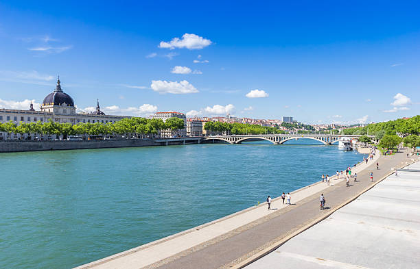 Turquoise water of the Rhone river in Lyon, France