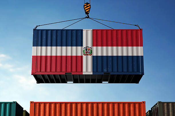 istock Dominican Republic trade cargo container hanging against clouds background 2219054014