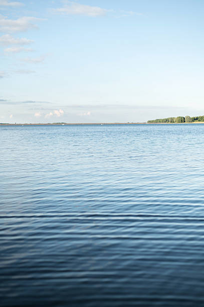 Serene landscape featuring a lake with gentle ripples on the surface and a distant shoreline under a clear sky.