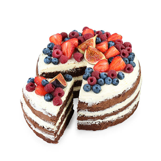 istock Cut delicious chocolate sponge cake with berries isolated on white 2219054969
