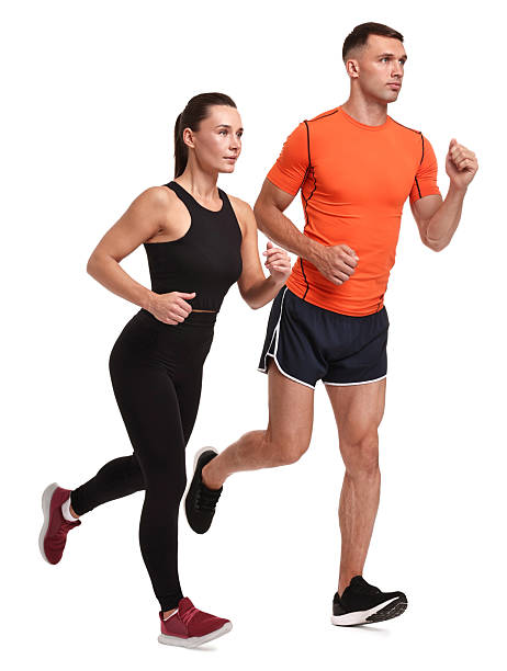 istock Woman and man running on white background 2219055596