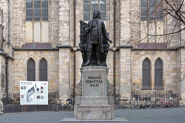 Leipzig, Germany - December 16, 2018: Johann Sebastian Bach Monument in front of the south facade of St. Thomas Church. The statue of composer was created by sculptor Carl Ludwig Seffner and unveiled on May 17, 1908.
