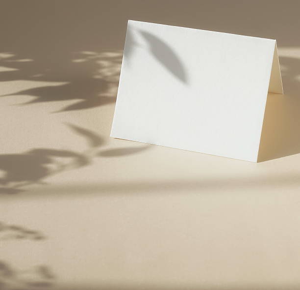 istock Folded paper blank sheet card mockup with copy space and leaves shadow on beige background . 2219064315