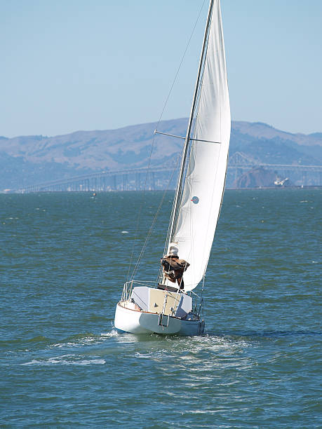 A serene white sailboat peacefully navigates the calm, deep blue waters of San Francisco Bay during a sunny afternoon. In the distance, Angel Island rises with its soft, tree-covered hills under a hazy sky, adding depth and contrast to the scene. The crisp sails catch the golden sunlight, capturing the essence of California’s maritime charm and coastal beauty. Perfect for themes of leisure, travel, freedom, and sailing.