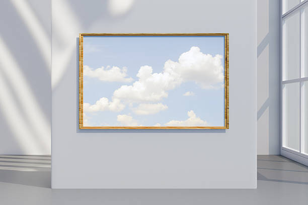 A framed artwork of a cloudy sky hangs on a white wall in a sunlit gallery space. 3d rendering