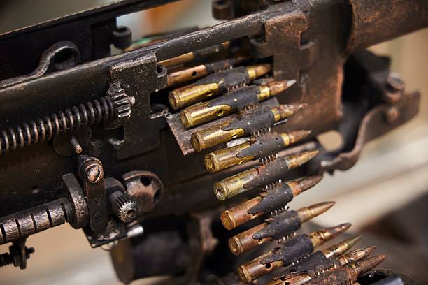 Close-up of antique weapons. Large caliber bullets