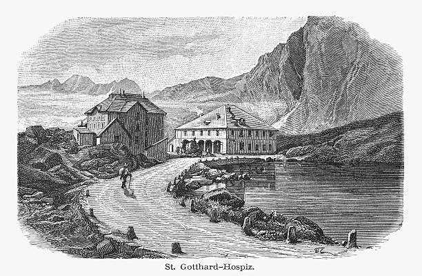 ilustrații de stoc cu pasul gotthard cu ospiciu și hotel, elveția, xilogravură, publicată în 1876 - han