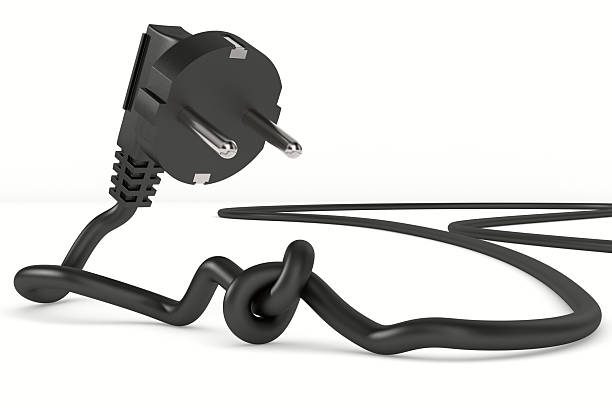 Electric plug tied in a knot on white background. Isolated 3D illustration