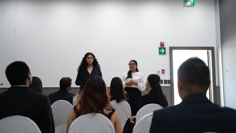 Conference of workers talking about business, brainstorming and giving opinions