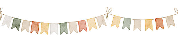 istock Watercolor seamless border with pastel Garlands on twine. Illustration of Pattern with Pennants for festive baby designs, birthday invitations or Baby shower greeting cards. Frame for newborn party 2219079656