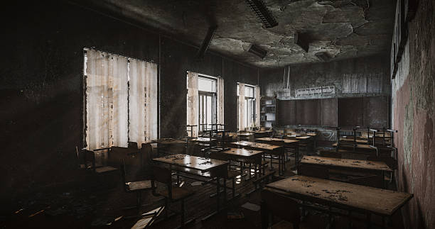 Abandoned Classroom with Decay and Broken Furniture in Moody Lighting