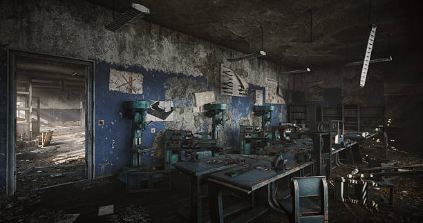 istock Abandoned Industrial Classroom with Machinery and Decaying Interior Details 2219080092