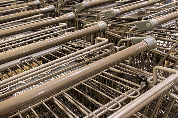 Neatly Aligned Shopping Carts at Mall Entrance