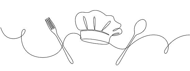 ilustrações de stock, clip art, desenhos animados e ícones de fork, knife, spoon with plate and chef's cap in one solid line. single line editable cutlery template for business cards, banners. symbol of cafe, restaurant. vector illustration - chefe de cozinha