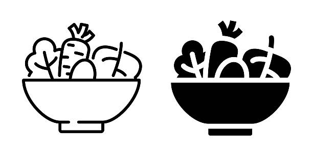 illustrations, cliparts, dessins animés et icônes de icône du saladier. style de ligne et de silhouette. - salade composée