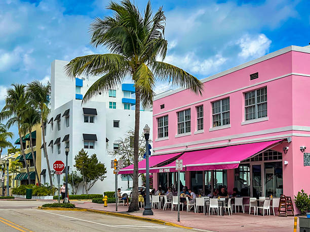 Big pink cafe on Collins Avenue Miami beach, Miami, USA stock photo