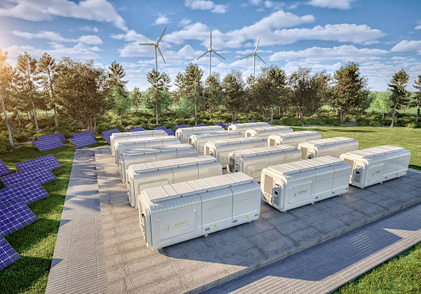 istock Group of energy storage systems or battery container units 2219099949