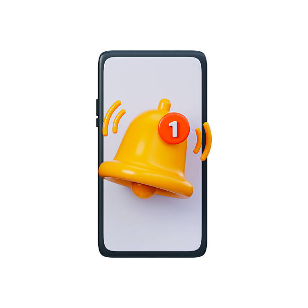 New notification on smartphone, 3D yellow notification bell on smartphone screen.