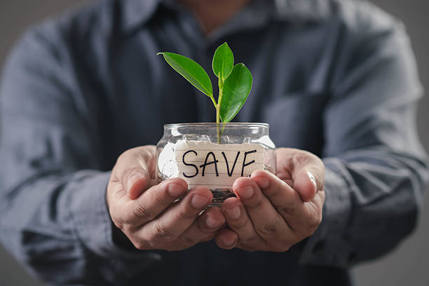 istock A person holding a small plant in a jar labeled 'SAVE', symbolizing environmental conservation and sustainability efforts. 2219101487