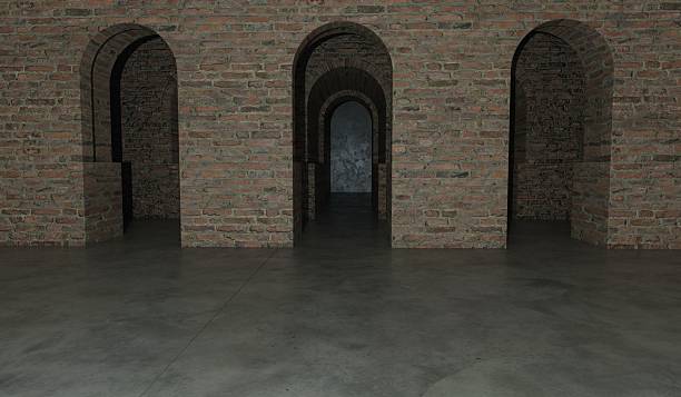 istock Interior of old building, old brick walls, corridor arch, 3D illustration. 2219113131