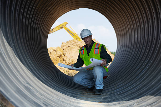 istock A construction worker in a safety vest and helmet examines blueprints while kneeling inside a large corrugated pipe at a job site, 2219116820