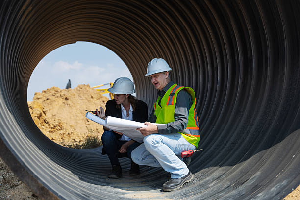 istock Two construction professionals in safety gear crouch inside a large drainage pipe 2219116845