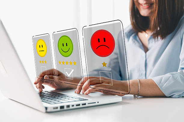 istock Customer service evaluation concept. Client feedback from marketing survey excellent service and quality satisfaction, customers can evaluate quality of service leading to business reputation rating. 2219123641