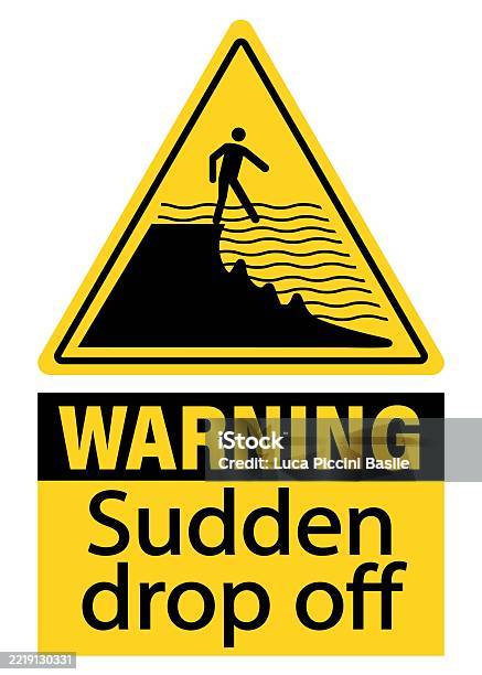 Drop Object Warning Sign Warning Sudden Drop Off Yellow Triangle Sign With Symbol And Text Stock ...
