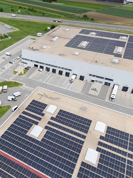 istock Logistic center with solar panels on roof. Aerial view. 2219131006