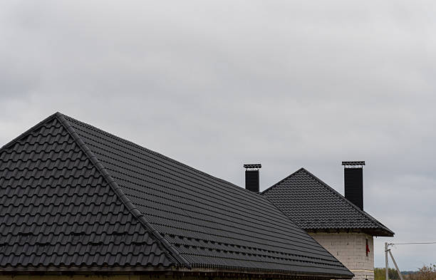 istock Rooftops covered with metallic tiles showcase a sleek design, contrasting against an overcast sky at a suburban location 2219139285