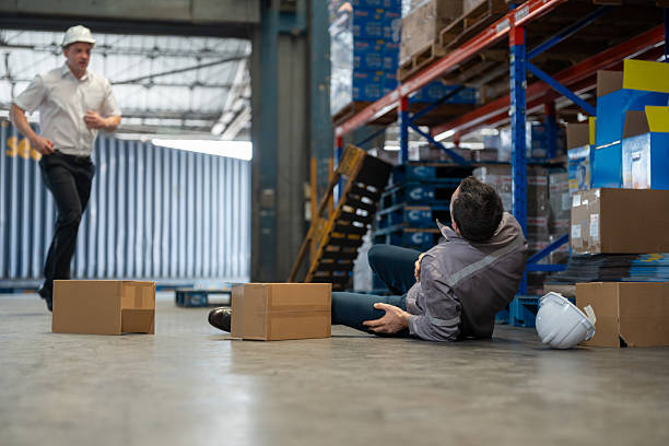 istock Warehouse Accident, Man worker lies on the ground after a fall while lifting boxes to shelf factory store. Male colleagues rush to assist. Safety, Industry, Healthcare, Insurance Concept. 2219139517