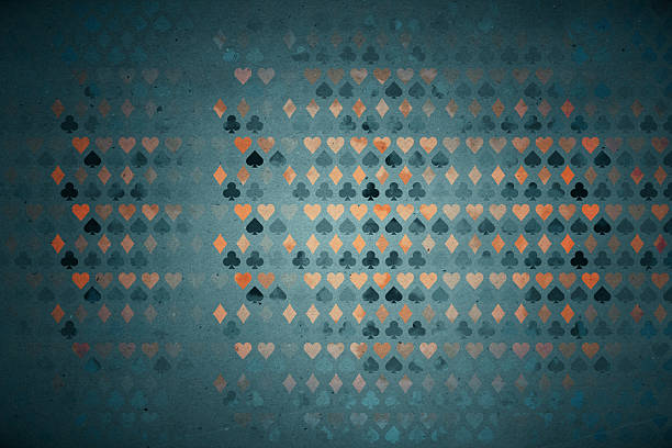 Repeating pattern of card suits on dark textured background, with heart, club, diamond, and spade symbols forming a modern wallpaper design. 3D Rendering
