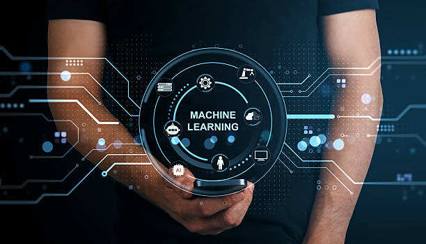 istock Machine learning concept with digital interface and icons in male hand holding smartphone, futuristic technology background and system network. 2219143124