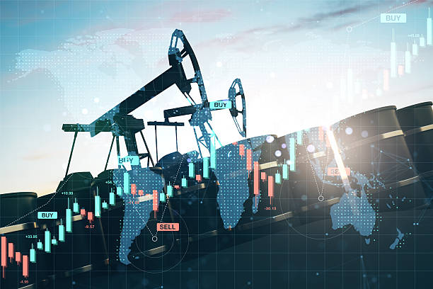 Oil pump jacks and barrels with forex chart overlay and world map on light background, concept of global oil market, trade and financial analysis