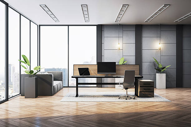 istock Modern executive office interior with panoramic windows, luxury furniture, and clean design elements in spacious corporate workplace setting. 3D Rendering 2219143336