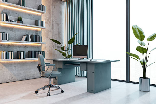 istock Modern executive office interior with luxury desk, stylish chair, large window view and minimalist decor in spacious corporate workspace.. 3D Rendering 2219143790